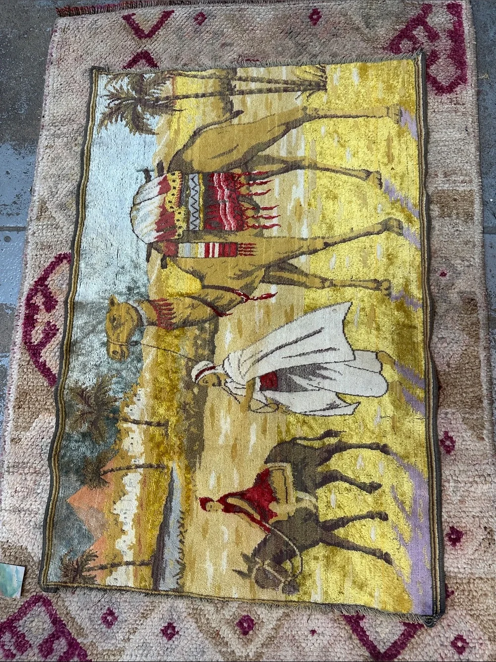 Vintage Camel Caravan Wall Tapestry velvet feel Rug in Gold and Beige